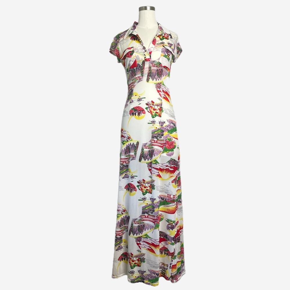 Vintage Y2K Love Love mesh collared maxi dress v neck oriental print pockets S